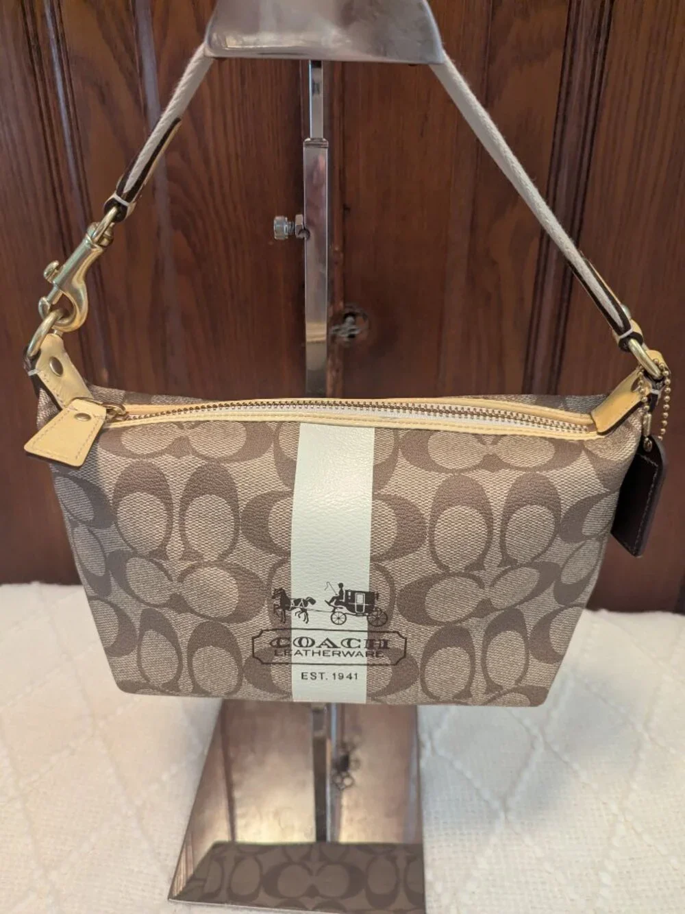 Coach Vintage heritage stripe signature collect tan cream white bag 41115